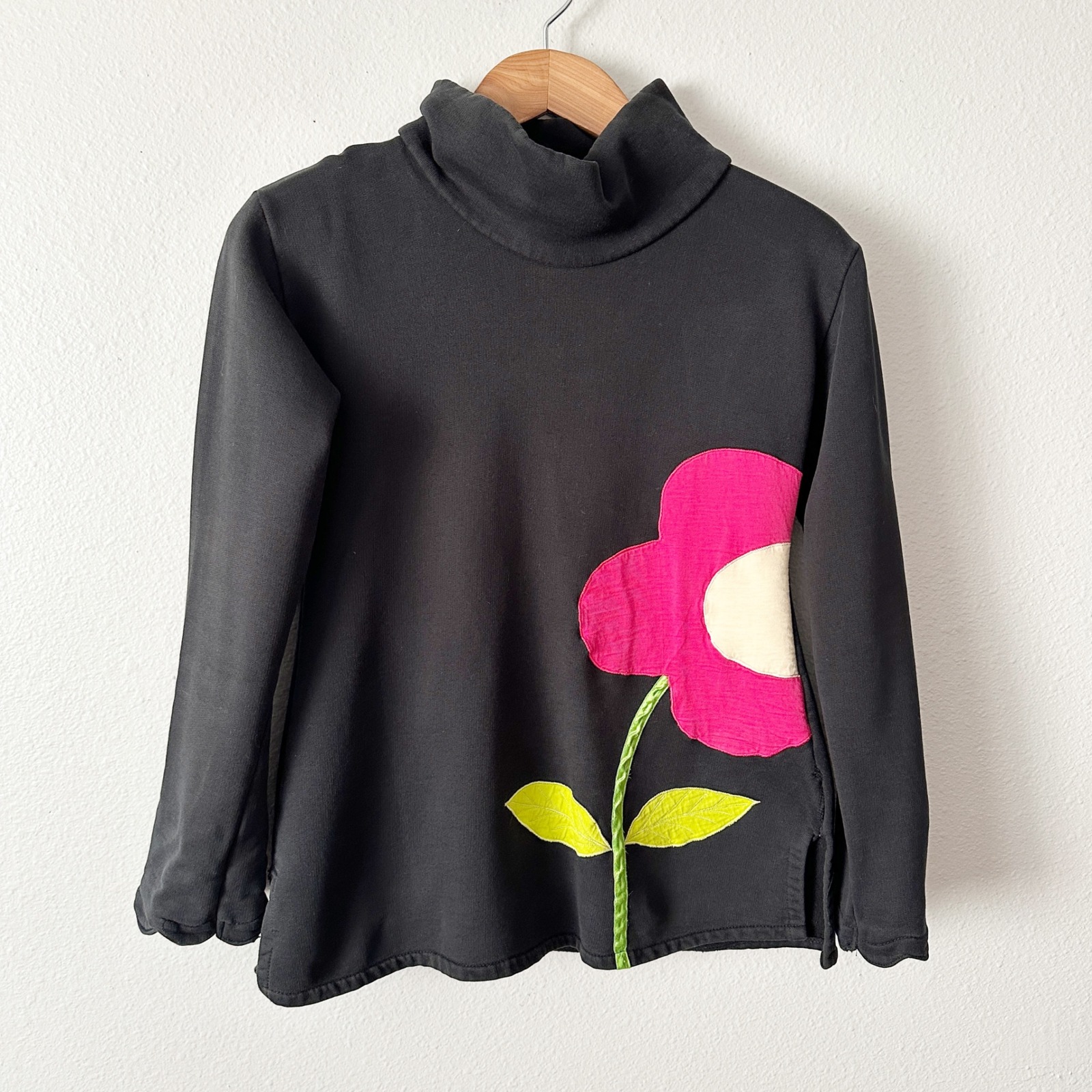 Princesse Nomade Black 100% Cototn Turtleneck Pink Flower Applique Top Us Size 2